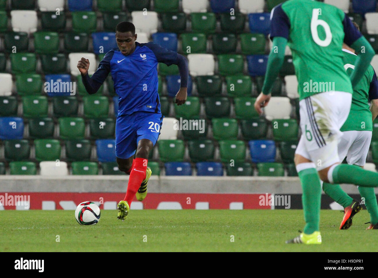 National Football Stadium at Windsor Park, Belfast. 11th October 2016. Northern Ireland 0 France 3 (UEFA European U21 Championship - Qualifying game Group C). Issa Diop (20) in action for France. Stock Photo