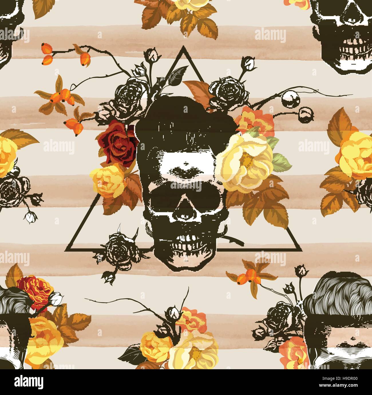 Autumn mood. Hipster seamless pattern with the skulls, autumn flowers and leaves in the background. Skull silhouette in engraving style. Vector. Stock Vector