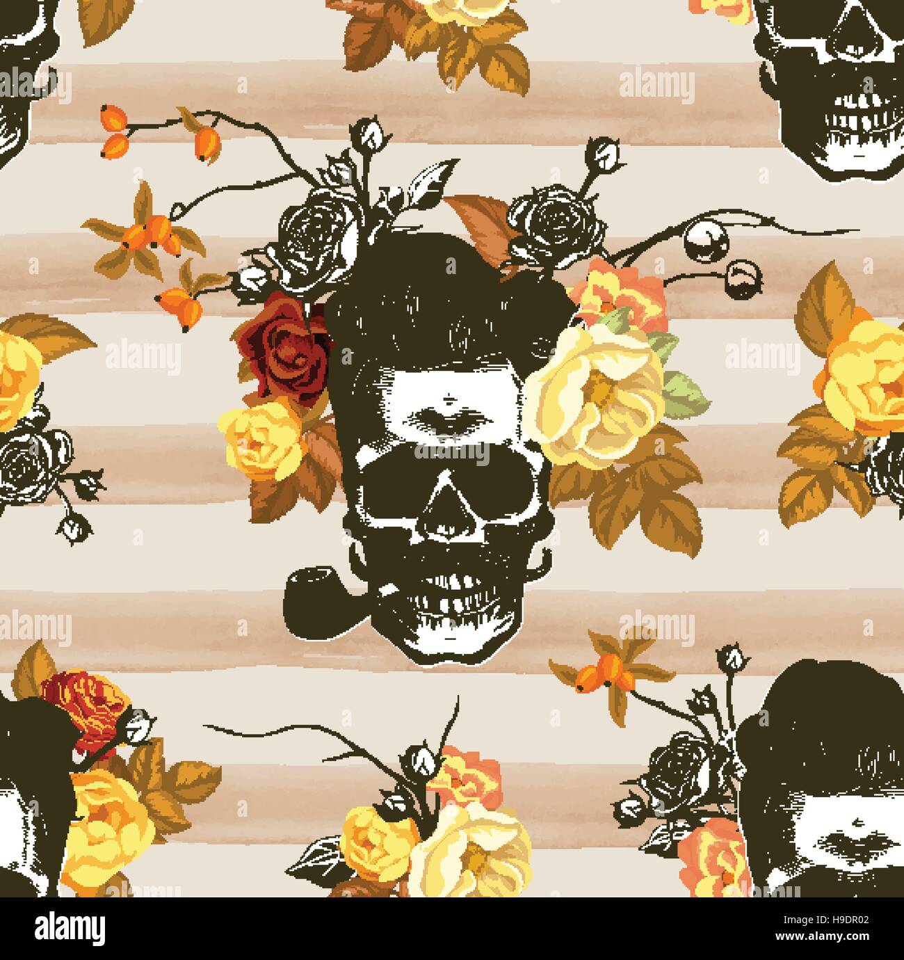 Autumn mood. Seamless pattern with the skulls, flowers and leaves in the background. Skull silhouette in engraving style. Vector illustration Stock Vector