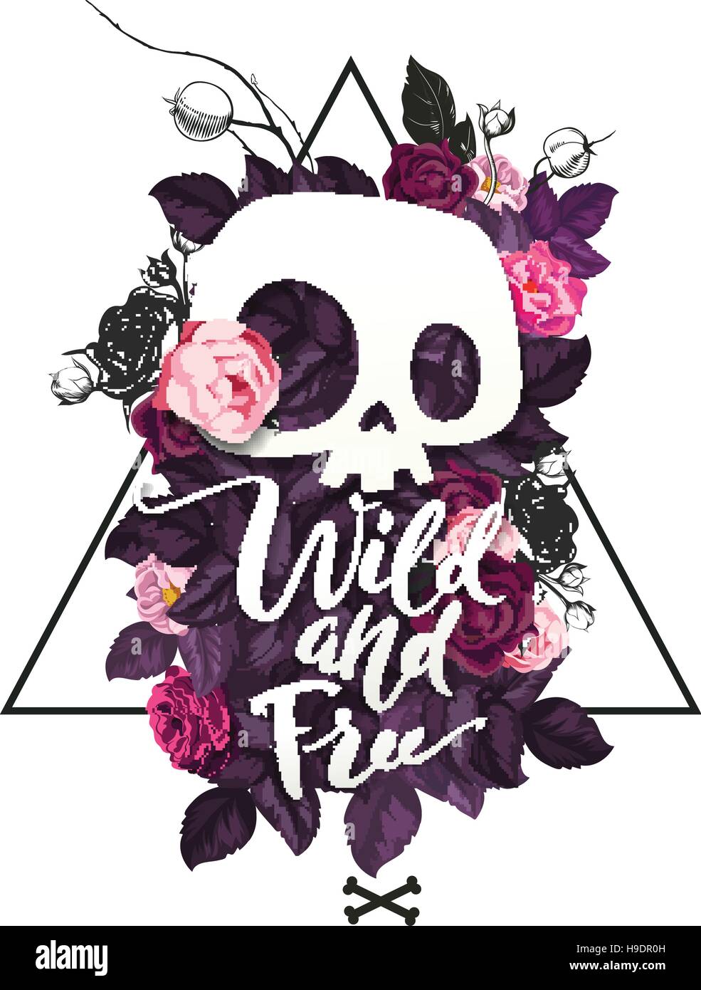Wild and Free lettering. Fashion illustration with the cute cartoon skull and blooming roses on the background. Could be used as T-shirt print, invita Stock Vector