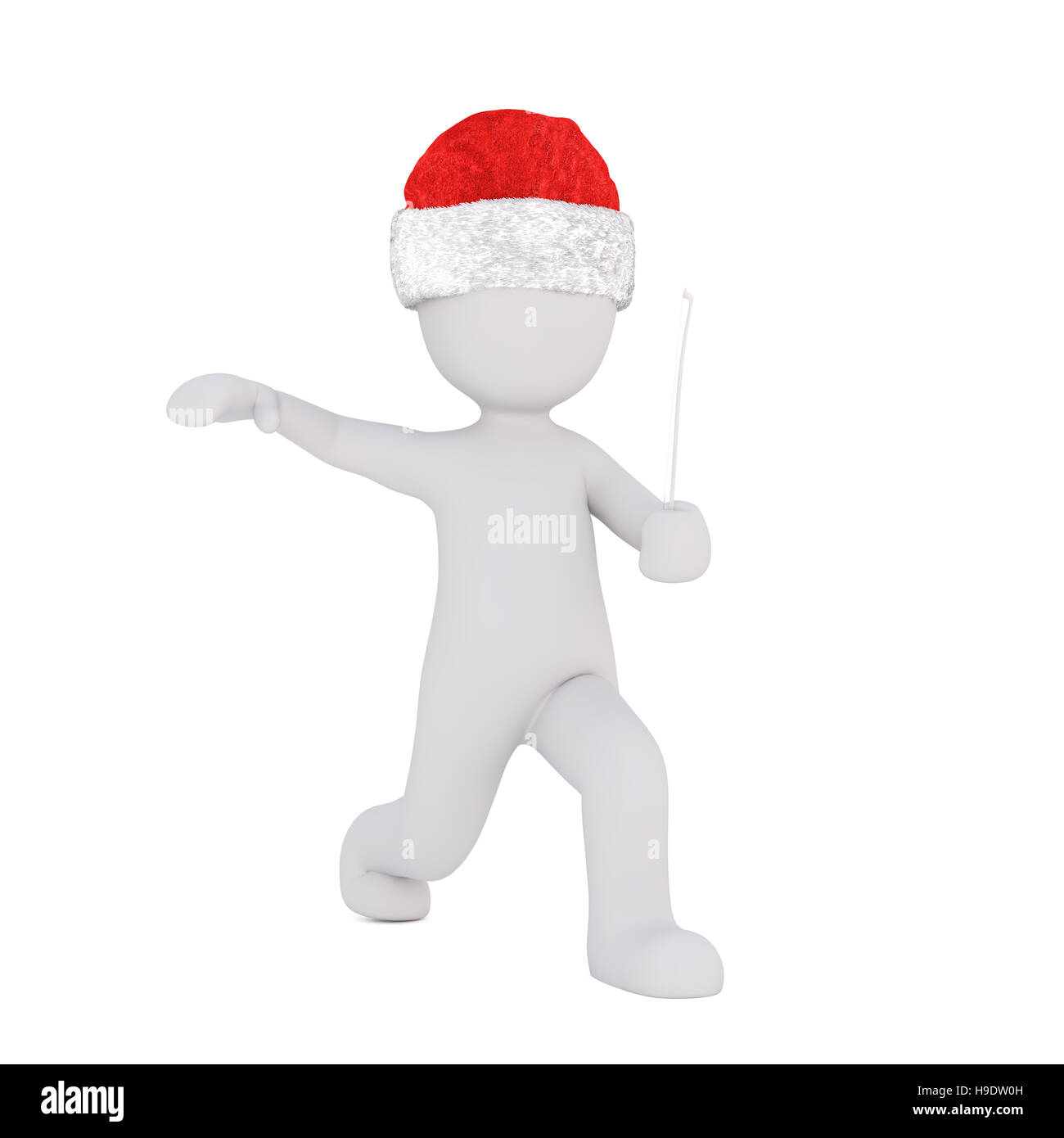 Adorable 3D illustrated man raises one arm and bends at the knee while wearing santa hat Stock Photo