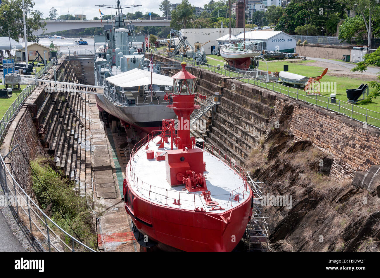 HMAS Diamantina and Lightship at Queensland Marine Museum Park, Kangaroo Point, Brisbane City, Brisbane, Queensland, Australia Stock Photo