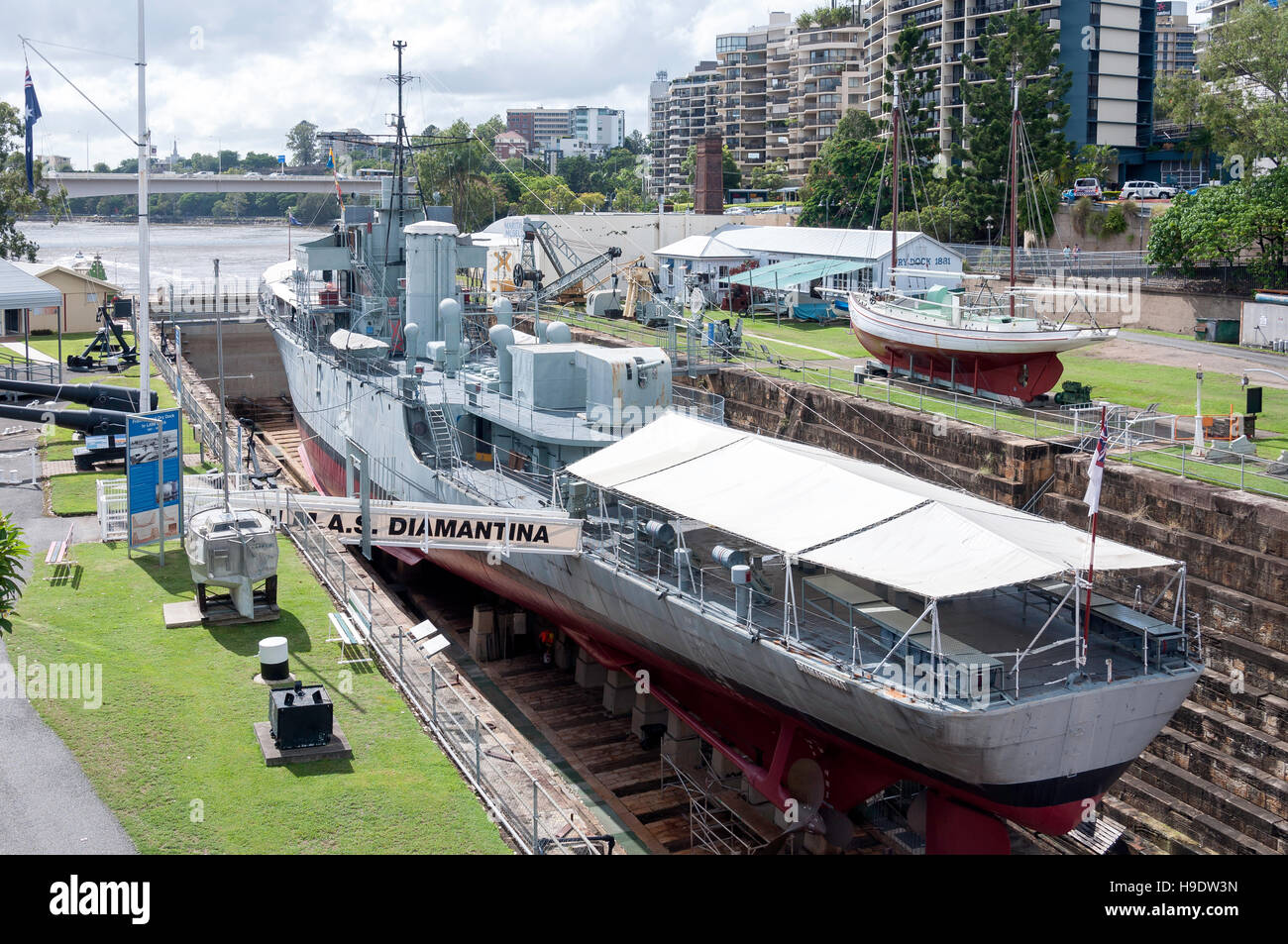 HMAS Diamantina in dry dock at Queensland Marine Museum Park, Kangaroo Point, Brisbane City, Brisbane, Queensland, Australia Stock Photo