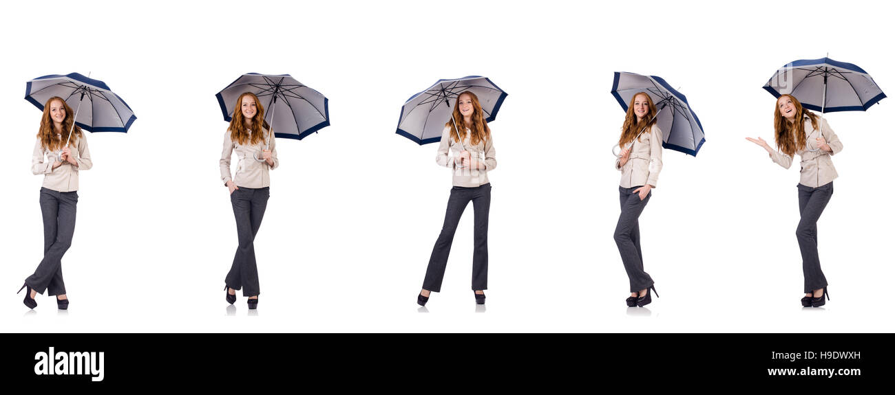 Young woman with umbrella isolated on white Stock Photo - Alamy