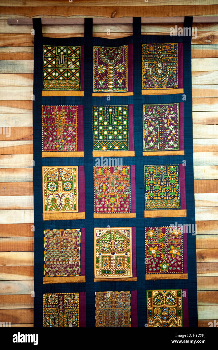 An intricate embroidery at Qasab, a craft woman's cooperative, by the tribal people living along the edges of the Great Rann of Kutch and Thar Desert. Stock Photo