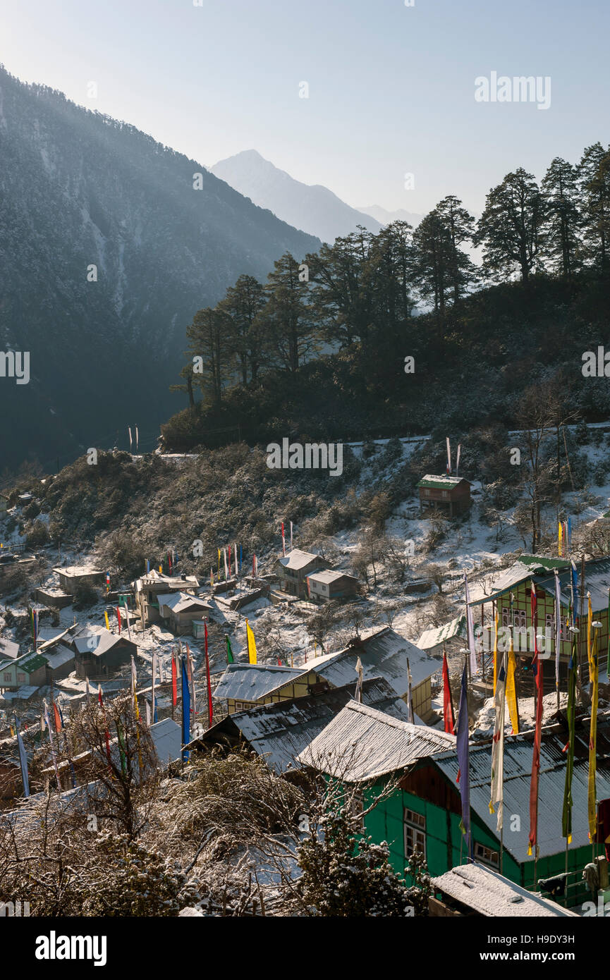 Early morning view over Lachen village in North Sikkim, India. Stock Photo