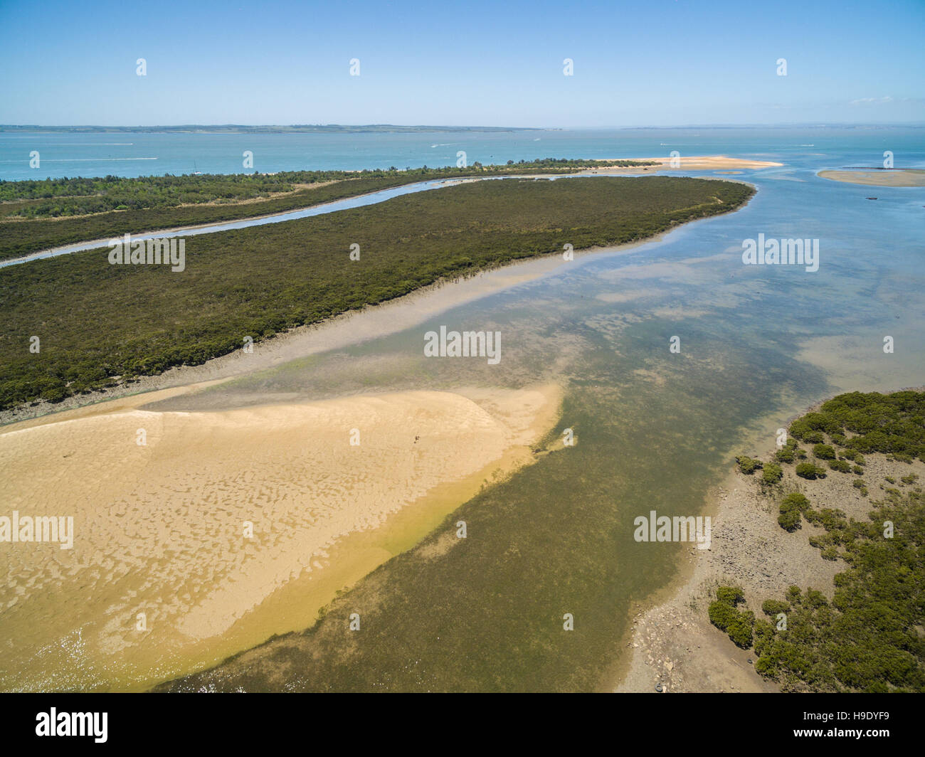 Aerial view of Rhyll Inlet and the ocean. Phillip Island, Victoria, Australia Stock Photo