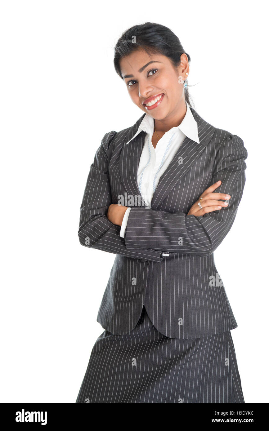 Portrait of black business woman in formalwear arms crossed and smiling ...