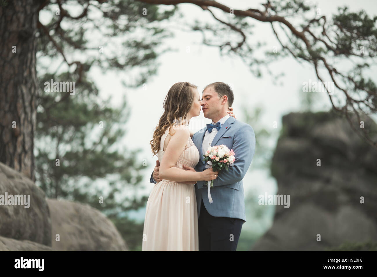 Wedding couple in love kissing and hugging near rocks on beautiful landscape Stock Photo