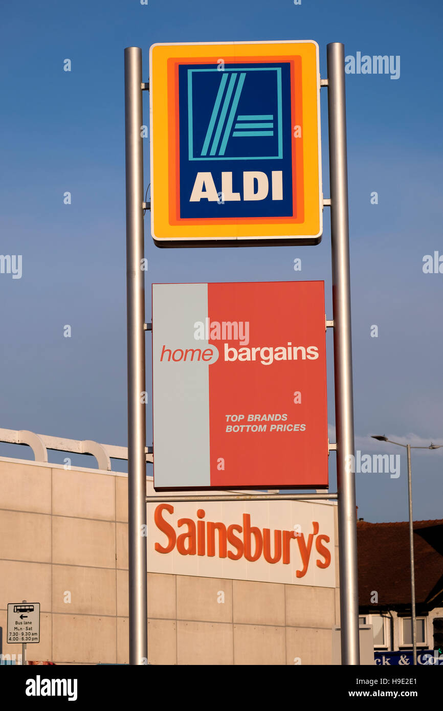 Aldi, Home Bargains, and Sainsbury's Sign Stock Photo