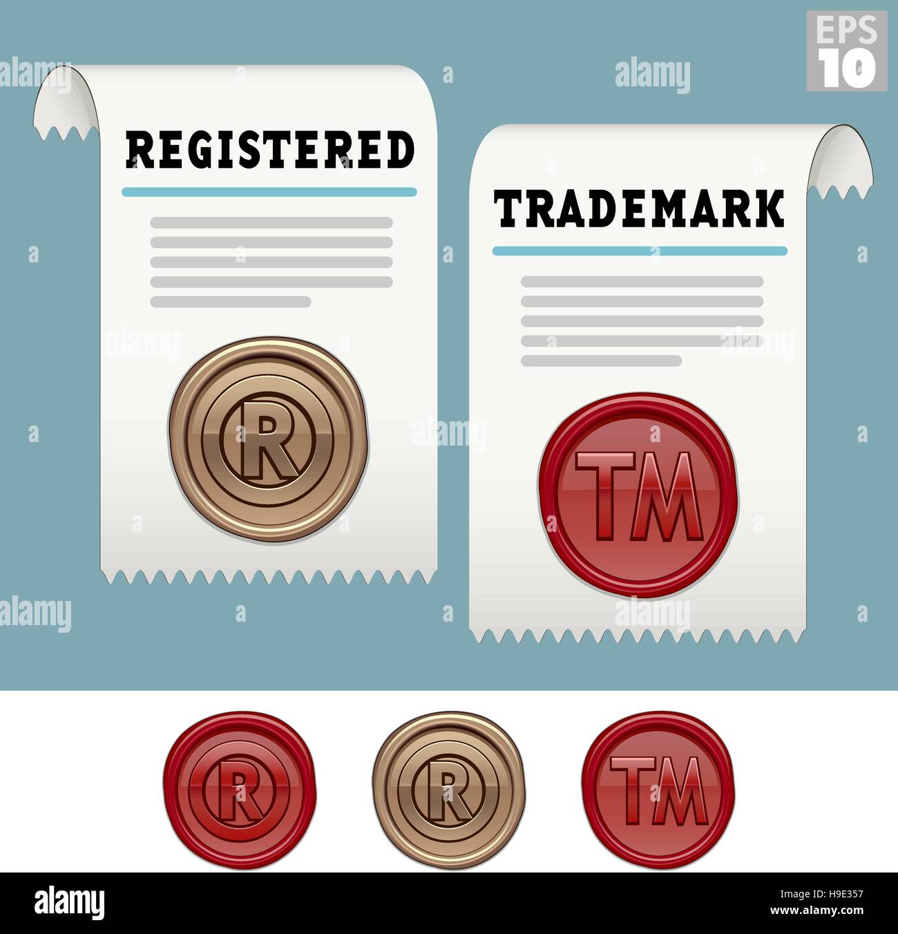 Registered trademark wax seal on a scroll document, golden and red wax seal Stock Vector