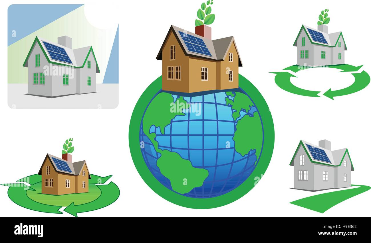 Solar powered home icons to save the environment Stock Vector