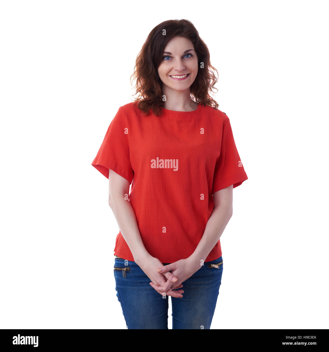 Smiling young woman over white isolated background Stock Photo - Alamy