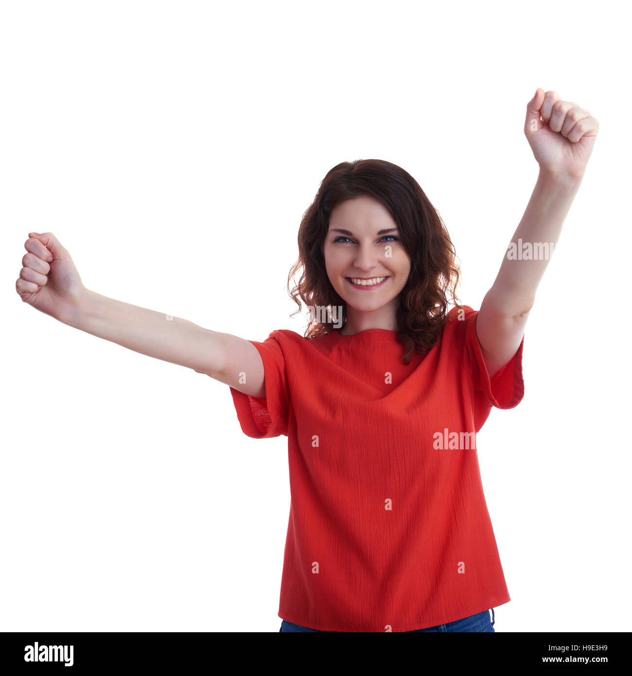 Smiling young woman over white isolated background Stock Photo - Alamy