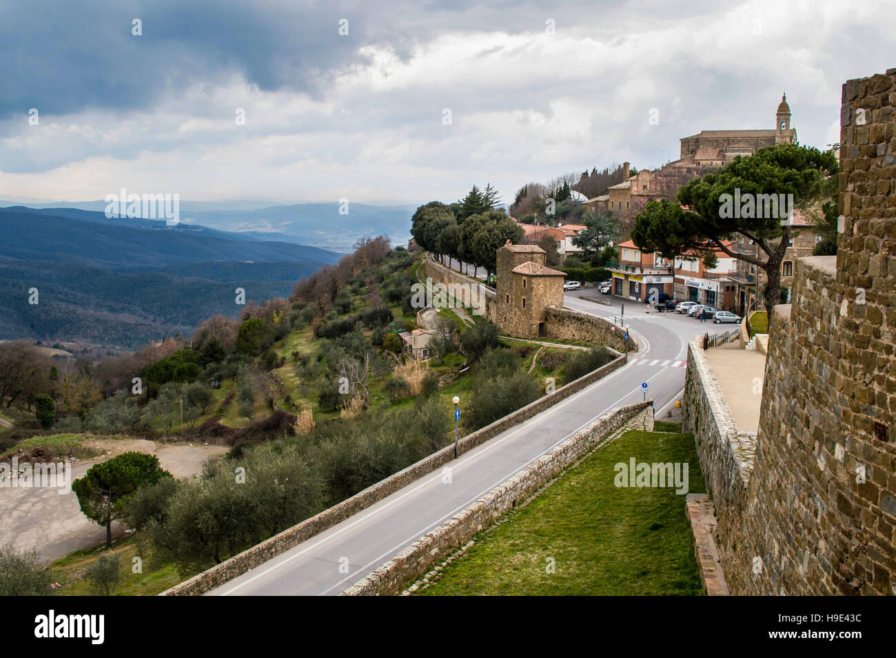 Edge of the residential district of Montalcino, town famous for its wine Brunello in the province of Siena. Stock Photo
