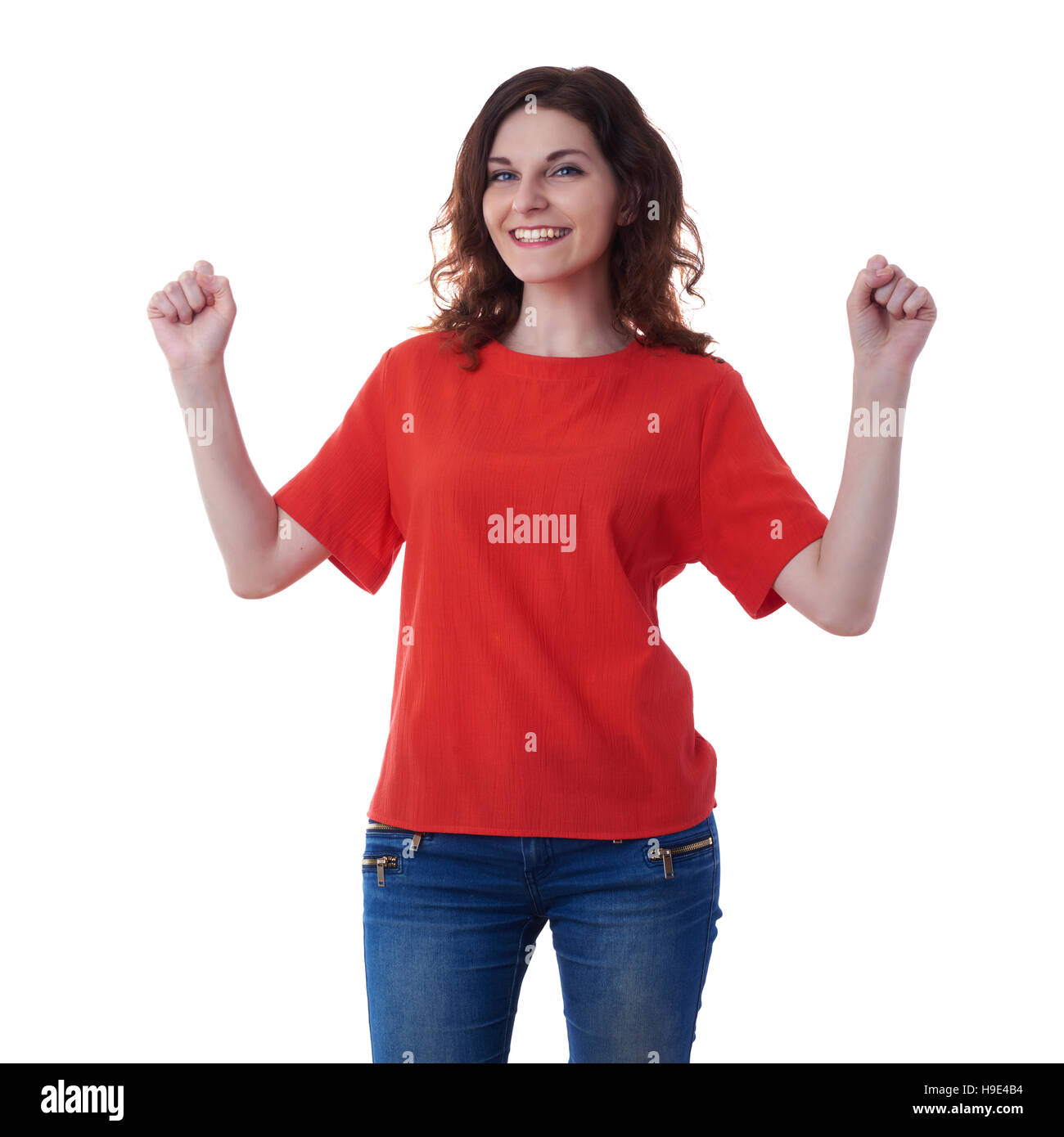 Smiling young woman over white isolated background Stock Photo - Alamy