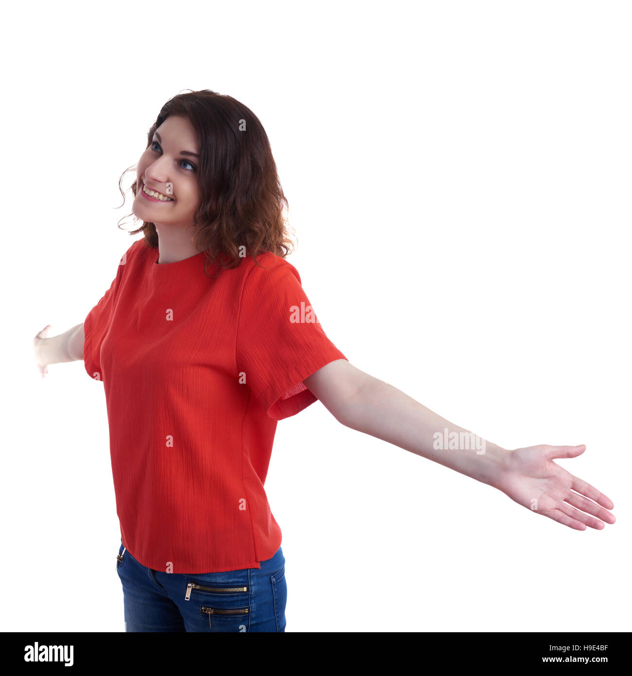 Smiling young woman over white isolated background Stock Photo - Alamy