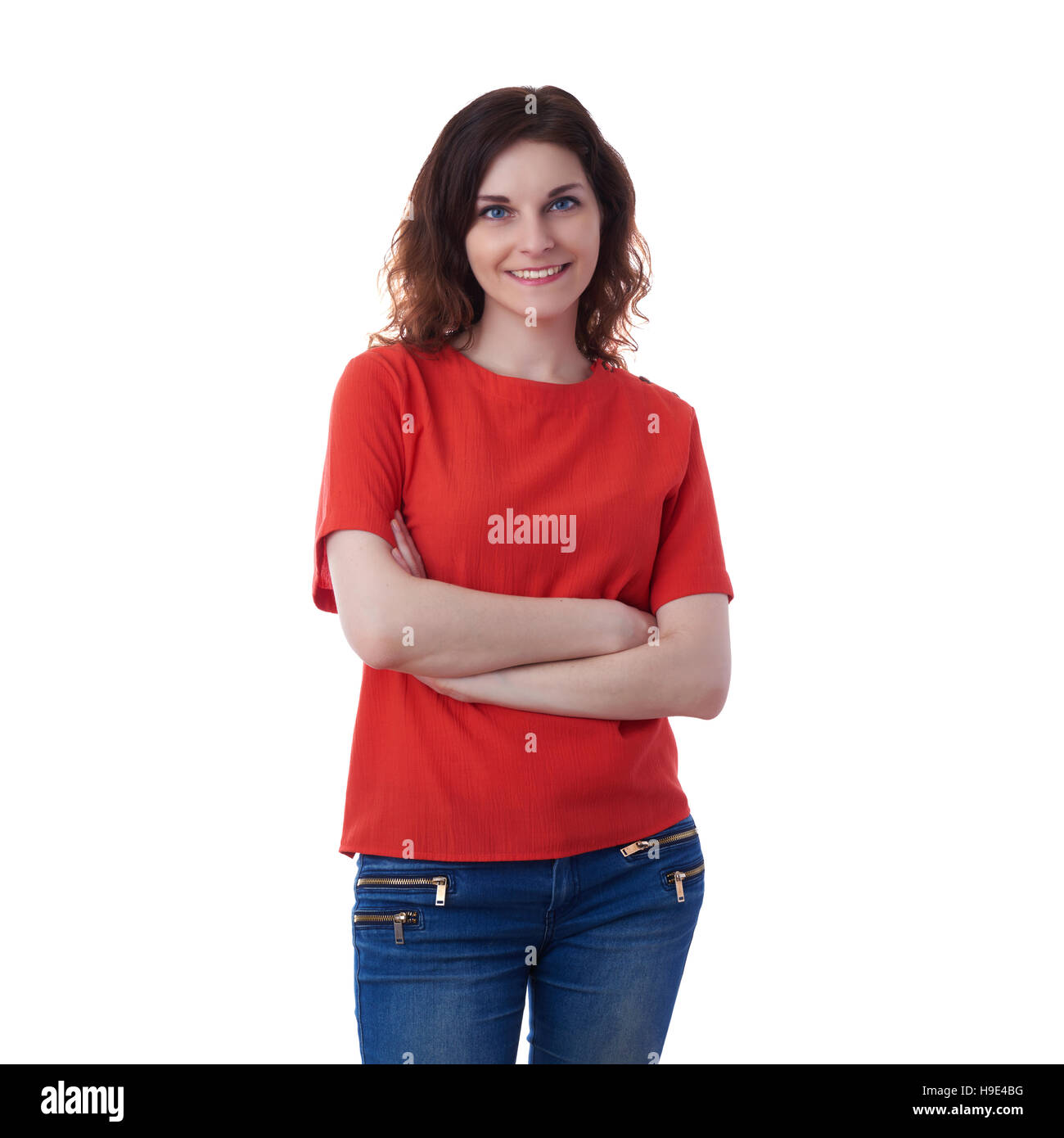 Smiling young woman over white isolated background Stock Photo - Alamy