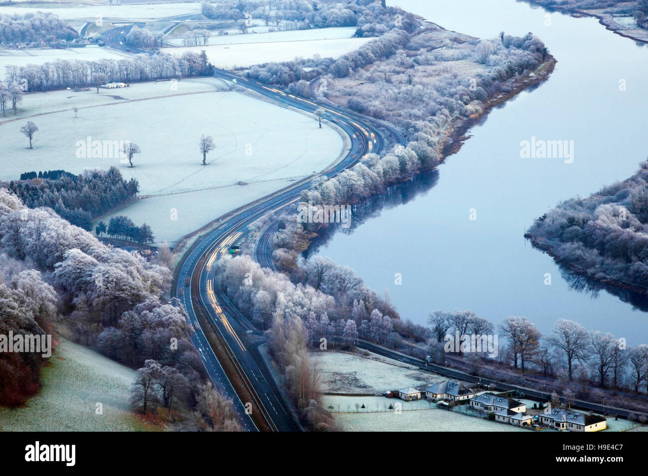 Winter roads and ground frost, Wintertime view of the meandering River Tay from Kinnoull Hill, Near Perth, Perthshire - Scotland, UK Stock Photo
