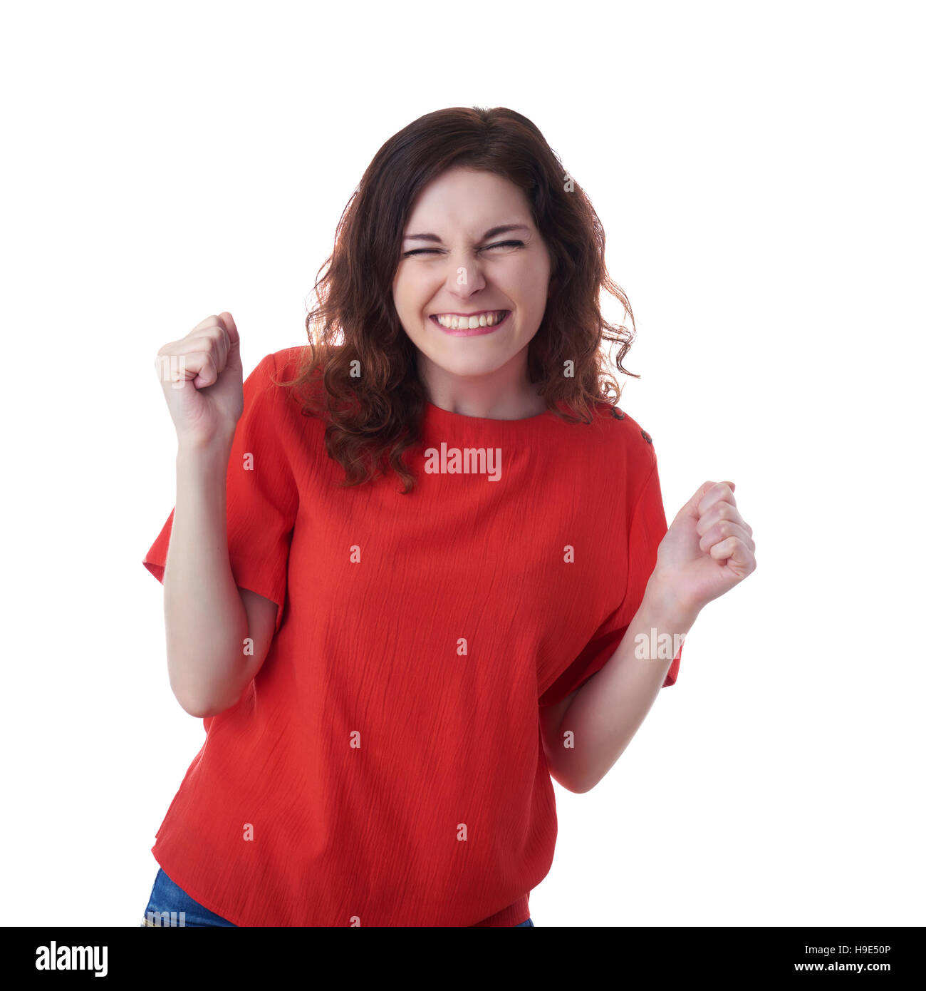 Smiling young woman over white isolated background Stock Photo - Alamy