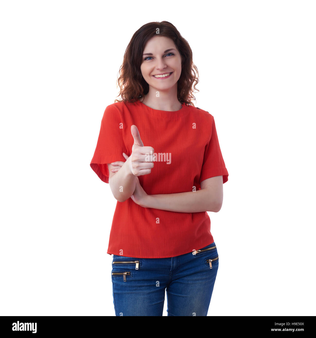 Smiling young woman over white isolated background Stock Photo - Alamy