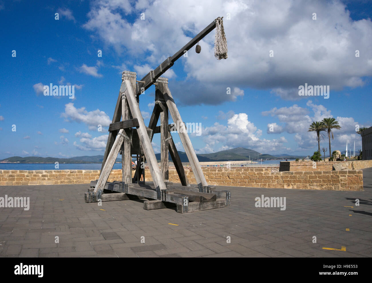 medieval catapult on the promenade, Alghero, Sardinia, Italy Stock Photo
