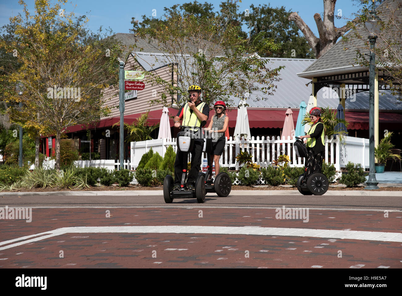 Mount Dora Florida USA Tourists riding around town on Segway scooters