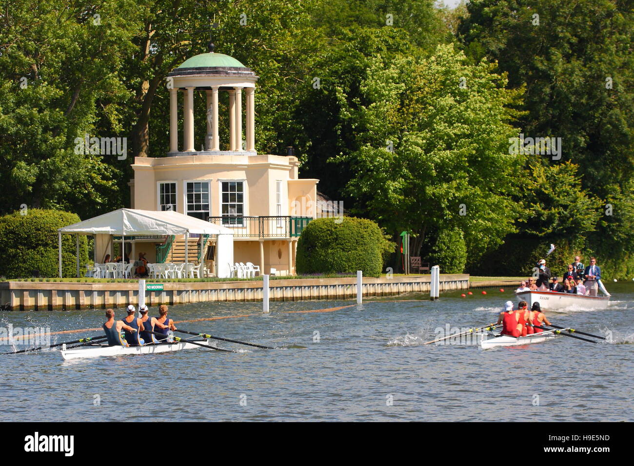 Rowing boats passing Temple Island during Henley Royal Regatta 2014 Stock Photo
