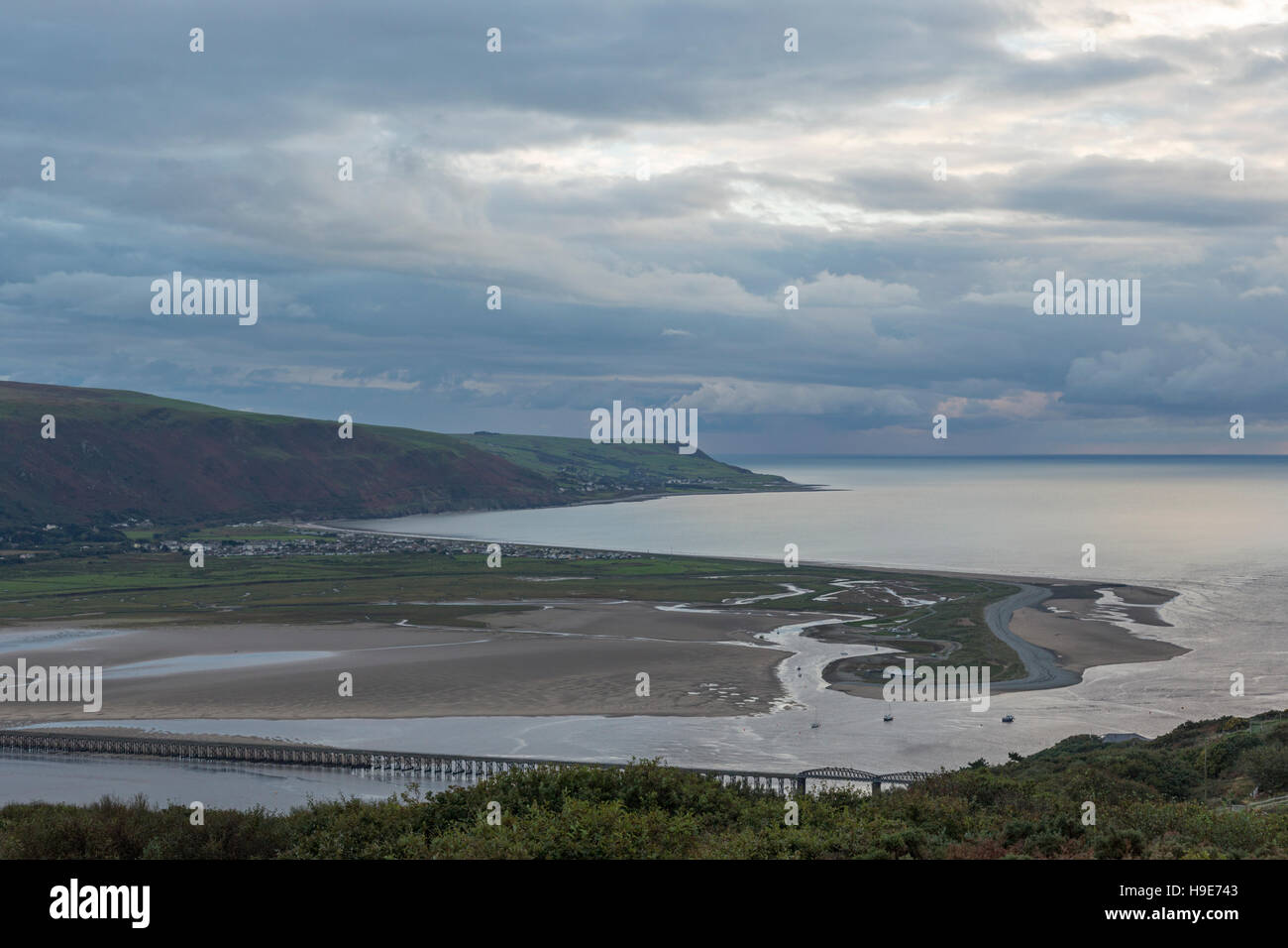 Dusk over Fairbourne from the Panorama Walk, Snowdonia National Park, Gwynedd, North Wales, UK Stock Photo