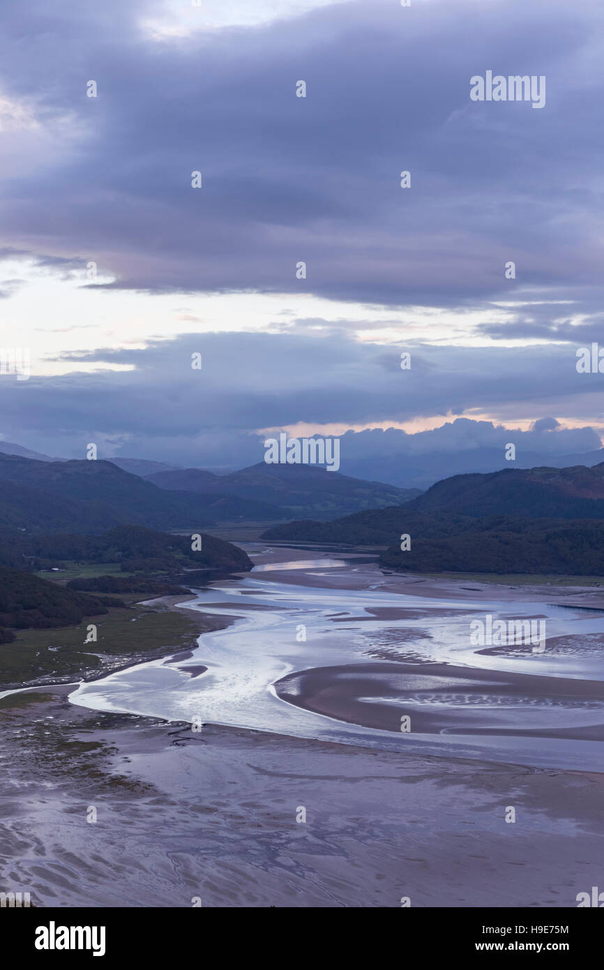 Dusk over the Mawddach Estuary, from the Panorama Walk, Snowdonia National Park, Gwynedd, North Wales, UK Stock Photo