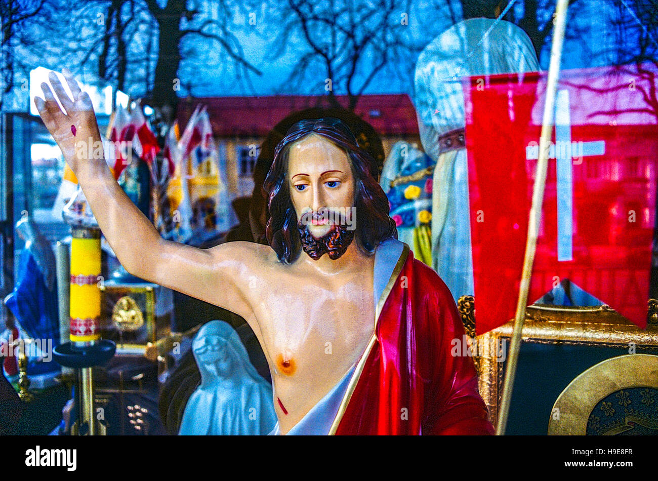 Czestochowa Poland, Shop Window Display with Religious Votive Products Articles Sacred Roman Catholic Jesus Christ, Business Stock Photo