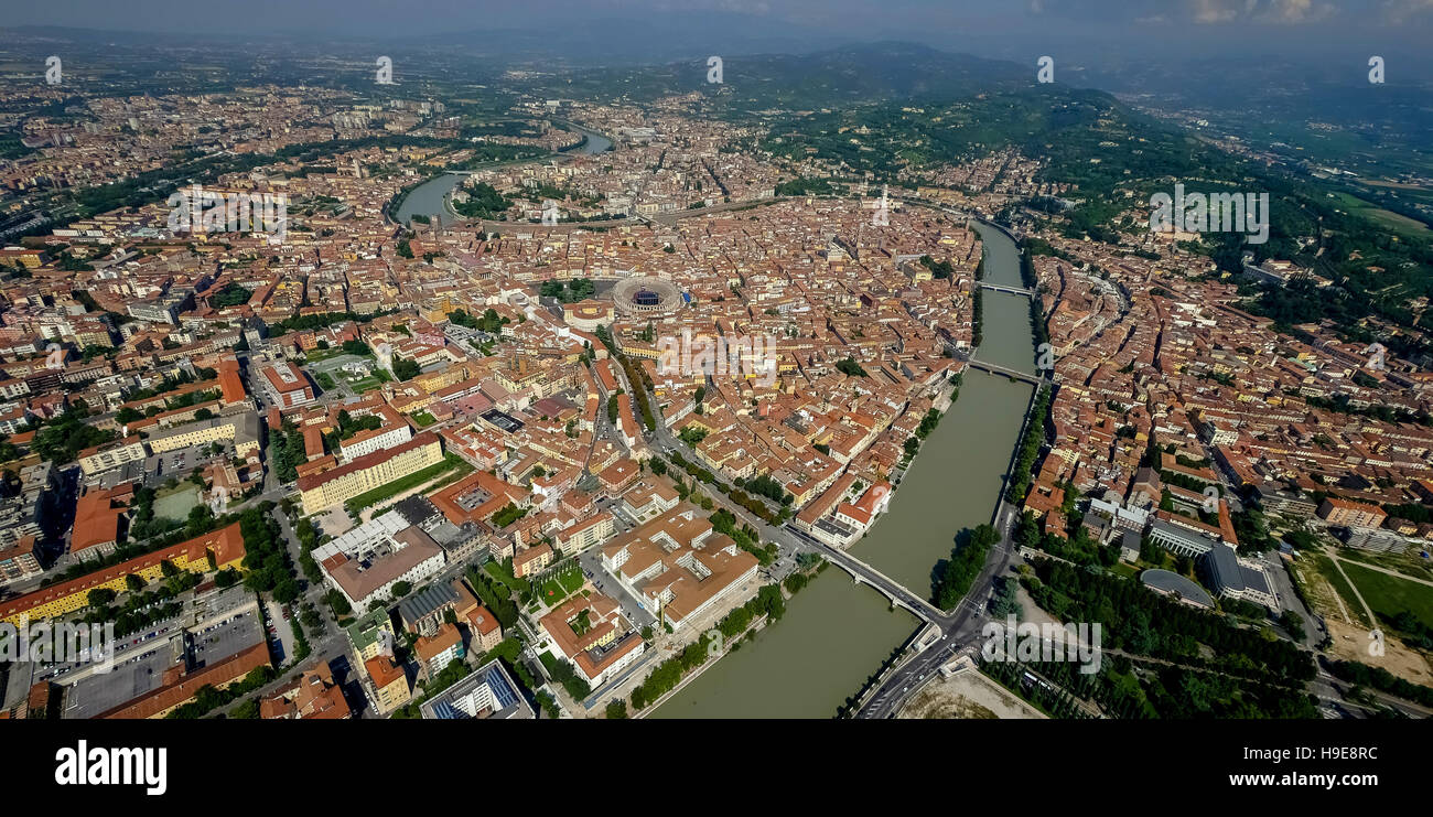 Aerial view, downtown Verona, Adige river, Adige, Verona, northern Italy, Veneto, Italy, IT Europe aerial view birds-eyes view Stock Photo
