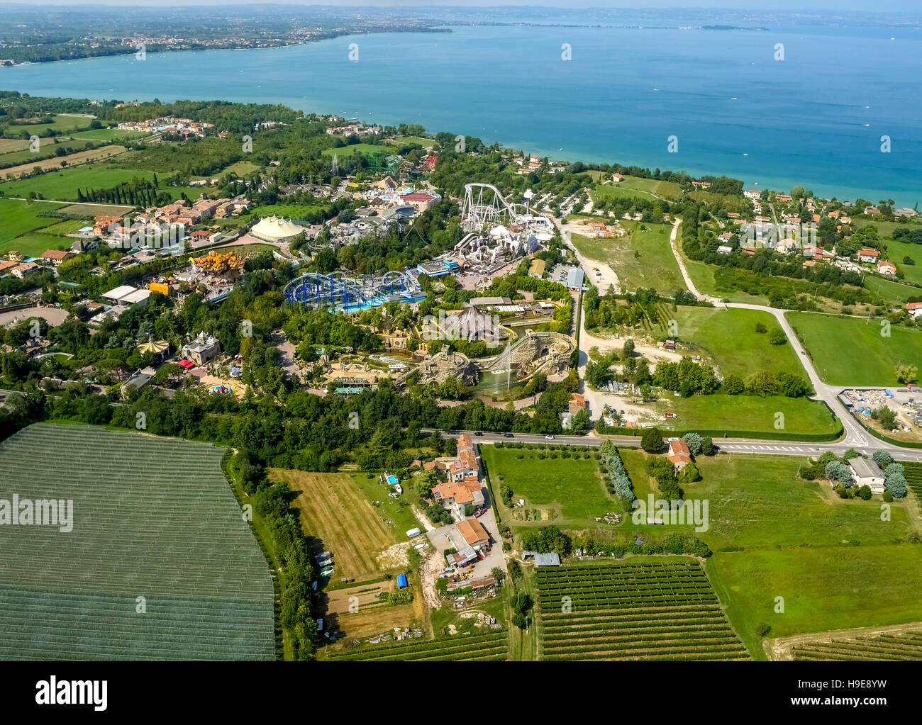 Aerial photo, leisure park Gardaland, roller coaster, Garda lake, Lago di Garda, Ronchi, Northern Italy, Veneto, Italy IT Europe Stock Photo