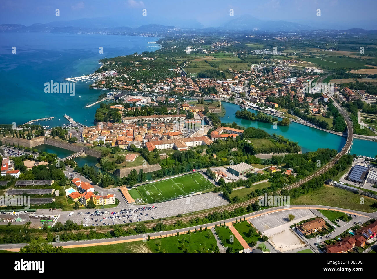 Aerial view, Comune di Peschiera del Garda on the river Mincio, Fortificazioni, fortifications, Lake Garda, Lago di Garda, Stock Photo