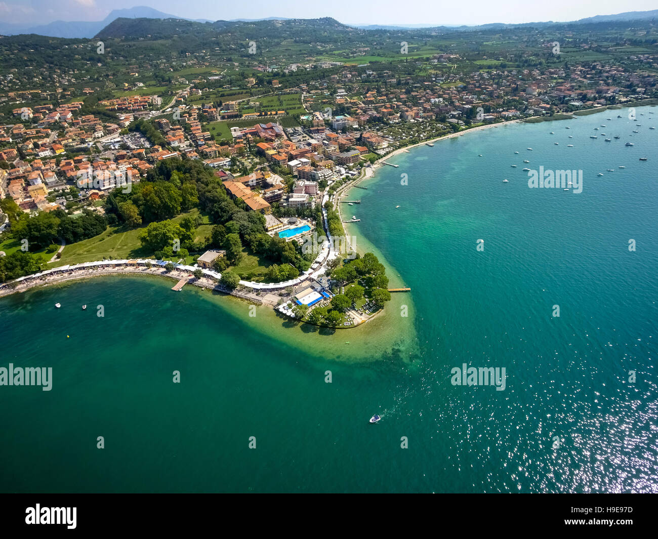 Aerial view, Bardolino with sailboats, Lido Mirabello Beach, Lake Garda, Lago di Garda