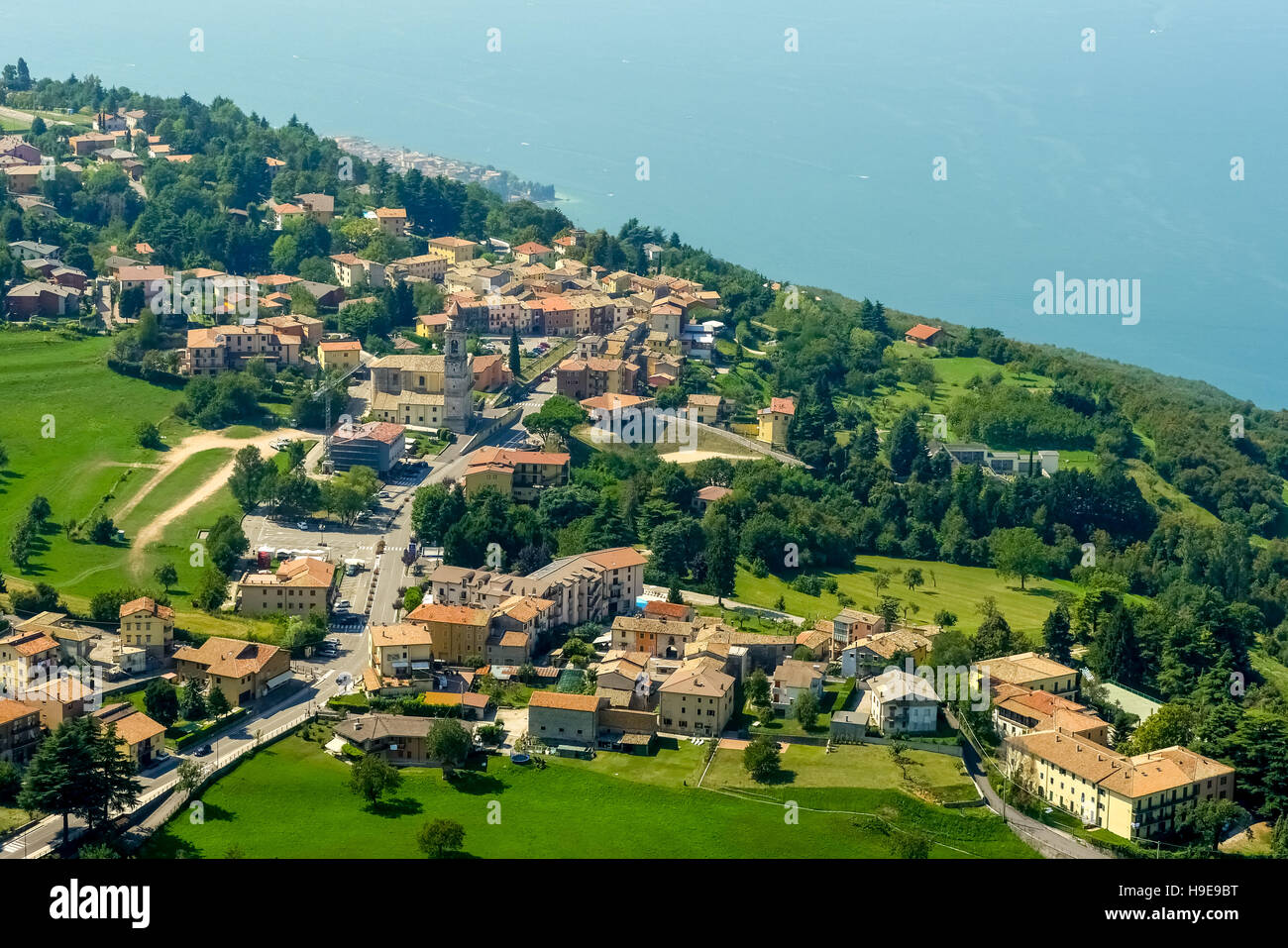 Aerial view, Lake Garda, Lago di Garda, mountain village of San Zeno, Northern Italy,