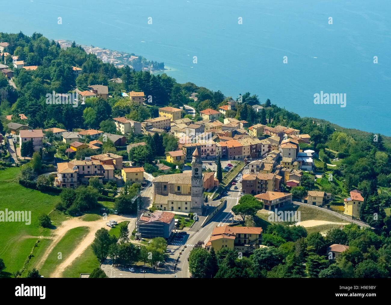 Aerial view, Lake Garda, Lago di Garda, mountain village of San Zeno