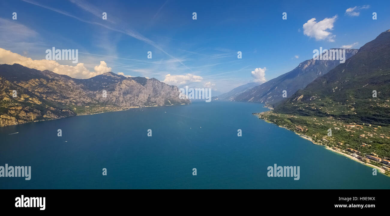 Aerial photo, view over Lake Garda from Melcesine to the north, Garda Lake, Lago di Garda, Malcesine, Northern Italy, Veneto, Stock Photo
