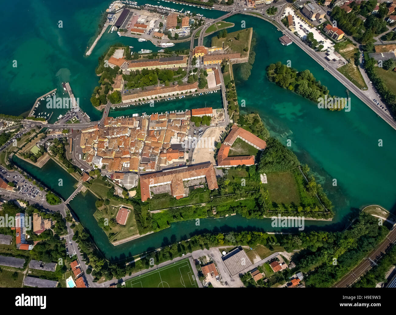 Aerial photo, Comune di Peschiera del Garda at the river Mincio, Fortificazioni, Fortresses, Garda lake, Lago di Garda, Stock Photo