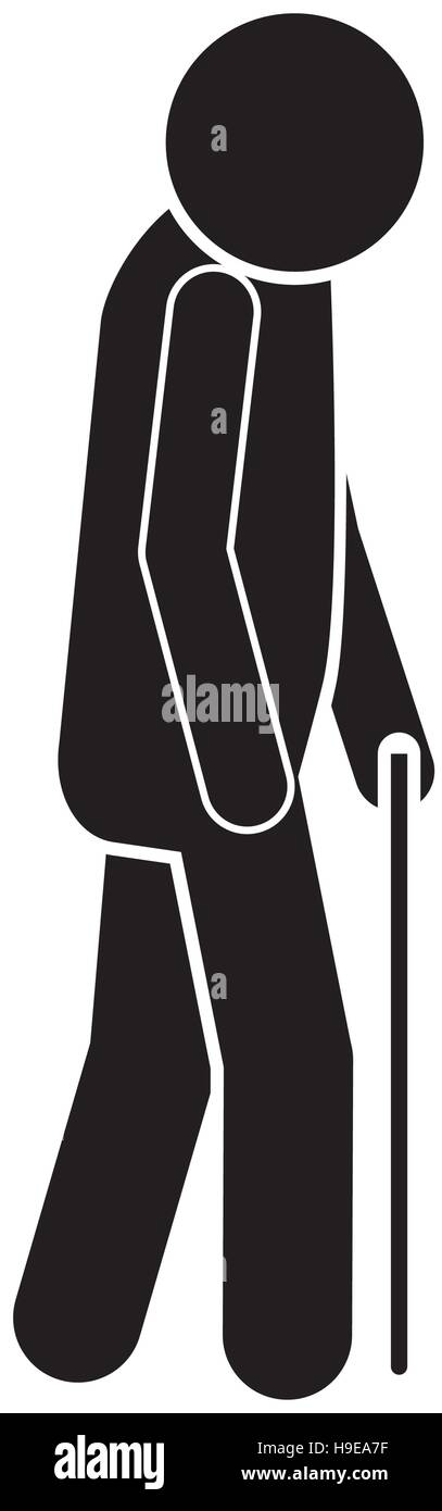 icon silhouette elderly man with walking stick vector illustration ...