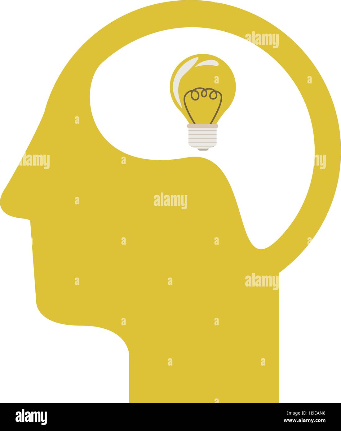 yellow silhouette head and human brain with light bulb vector ...