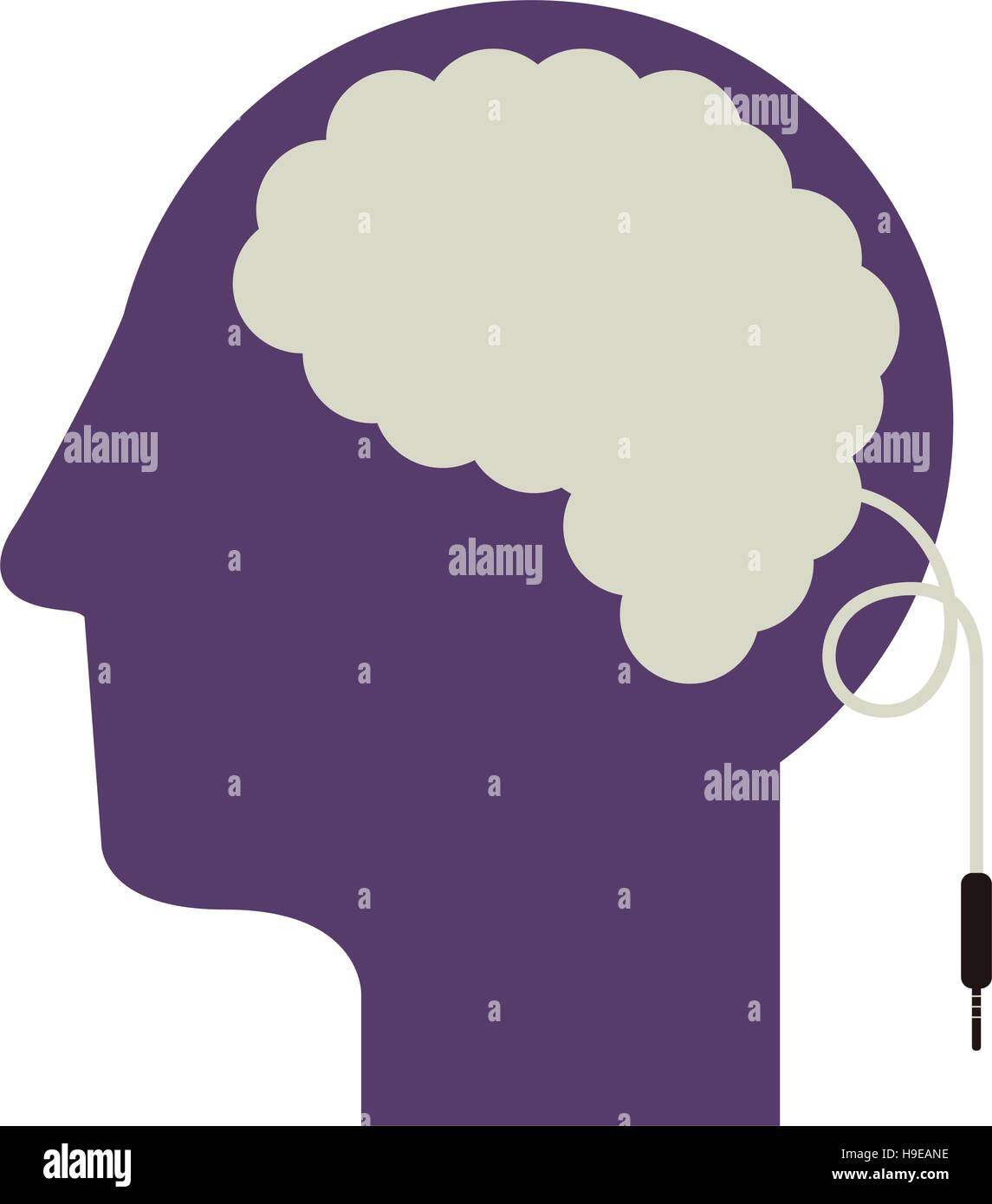 purple silhouette head and human brain with jack connector vector ...
