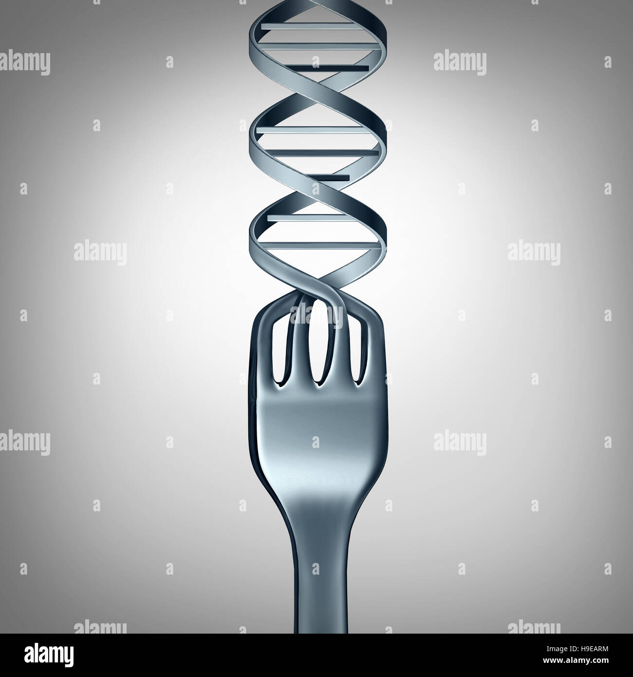 DNA food and genetically modified foods concept as metal dinner fork in the shape of a double helix as a symbol for gene altered nutrition or eating a Stock Photo