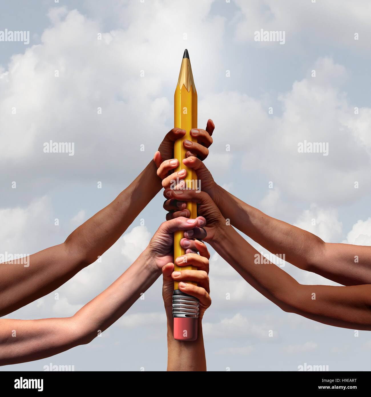 Creative team potential concept as a group of diverse arms and hands holding up a pencil as a motivational metaphor for friends joining together for a Stock Photo