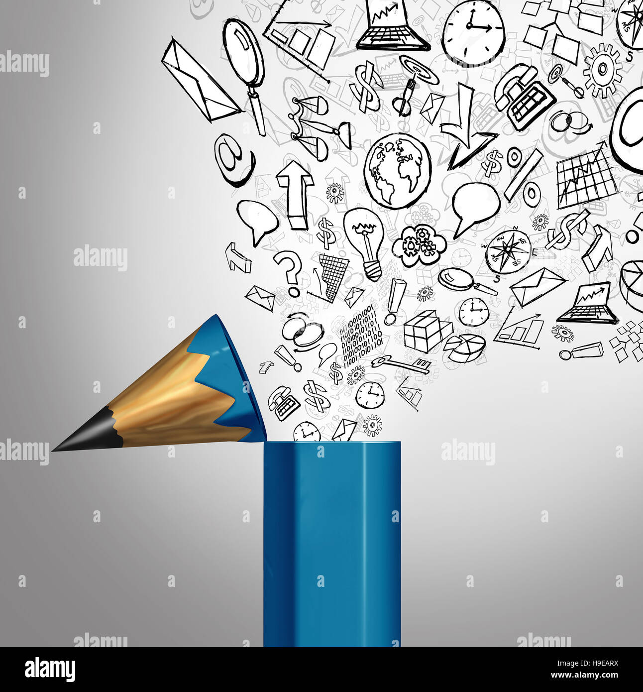 Business creative imagination concept as an open pencil with emerging financial work icons as a corporate marketing symbol for finance training and pl Stock Photo