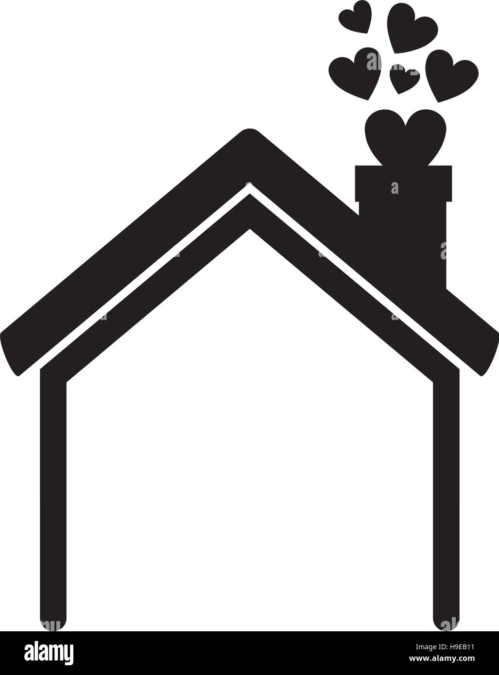 black silhouette house with chimney and hearts vector illustration