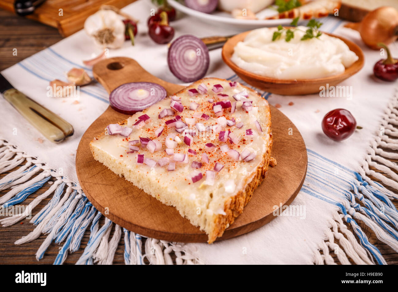 Lard spread on home baked bread with paprika powder and onion Stock