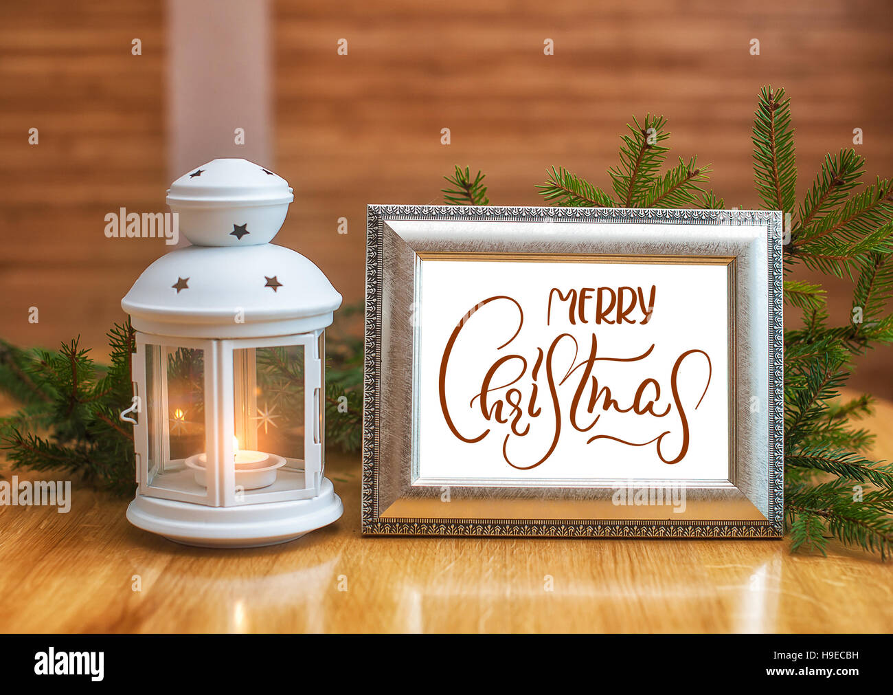 Holiday background - candlestick and frame with text Merry Christmas ...