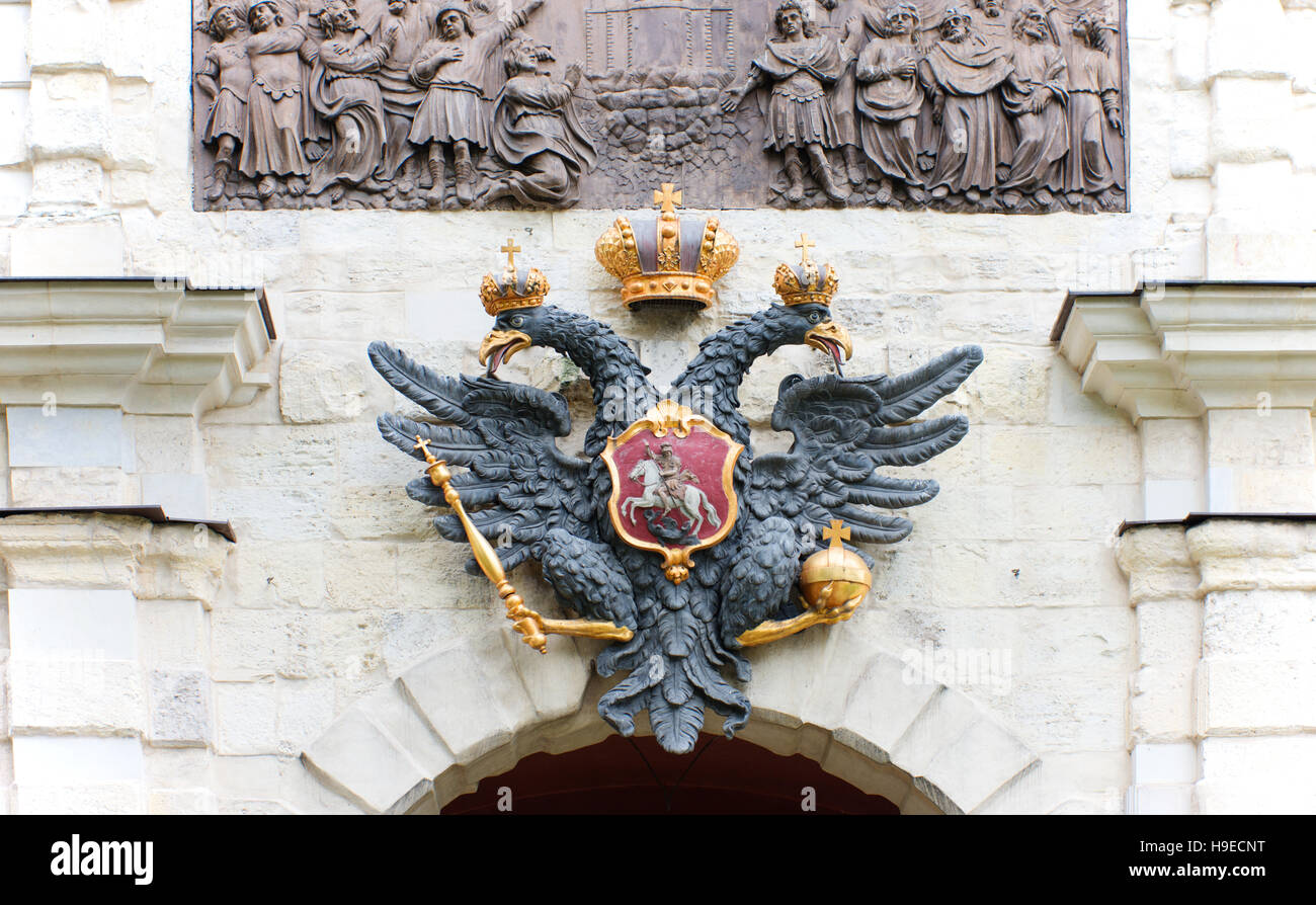 Russian flag with Coat of arms of Russia. Kremlin presidential Coat of arms  of Russia, 3d rendering. Russian eagle. Russian Presidential National embl  Stock Photo - Alamy