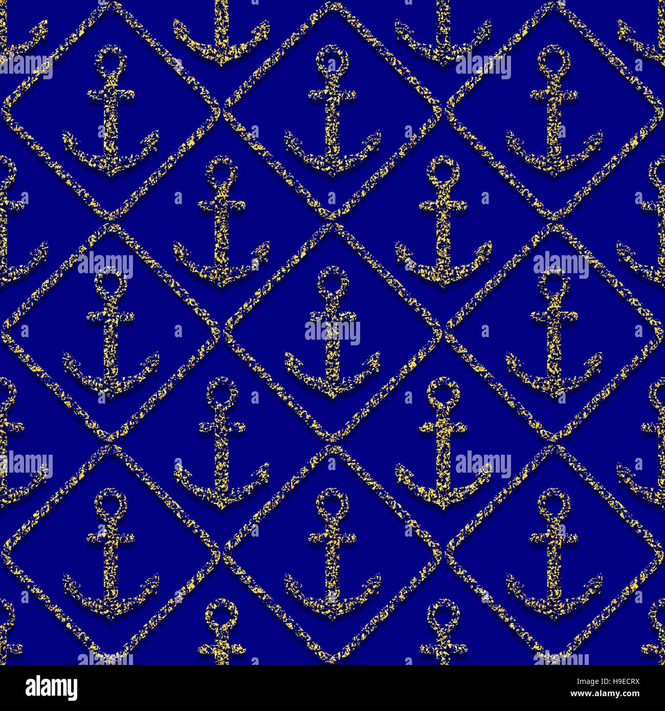 golden anchors seamless pattern on blue background. vector illustration